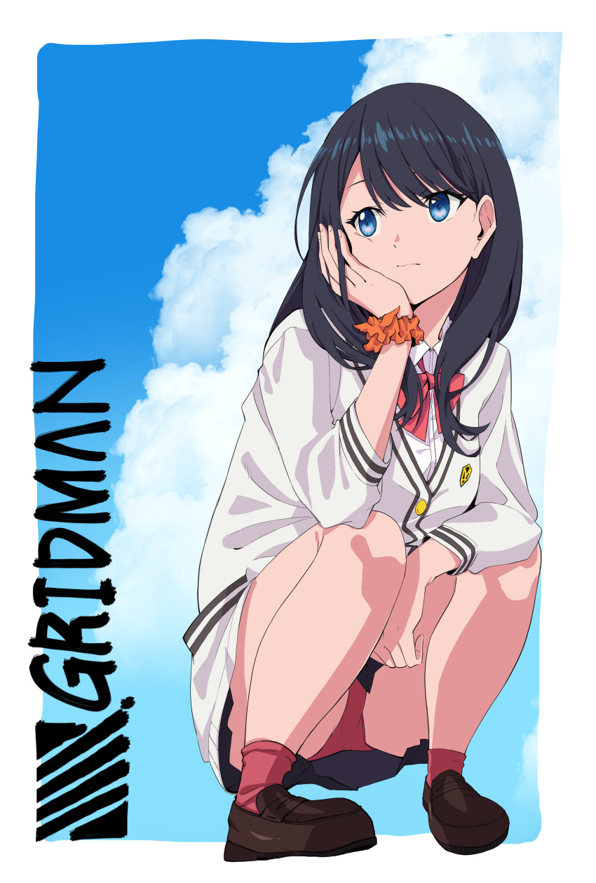 1girl absurdres akai_tanuki ass bangs black_hair black_skirt blue_eyes blue_sky bow brown_footwear cardigan cloud cloudy_sky collared_shirt commentary_request copyright_name day eyebrows_behind_hair fingernails full_body hair_between_eyes hand_on_own_cheek hand_up highres loafers long_hair long_sleeves looking_away looking_to_the_side orange_scrunchie panties pantyshot pantyshot_(squatting) pleated_skirt red_bow red_legwear red_panties scrunchie shirt shoes skirt sky socks solo squatting ssss.gridman takarada_rikka underwear white_cardigan white_shirt wrist_scrunchie
