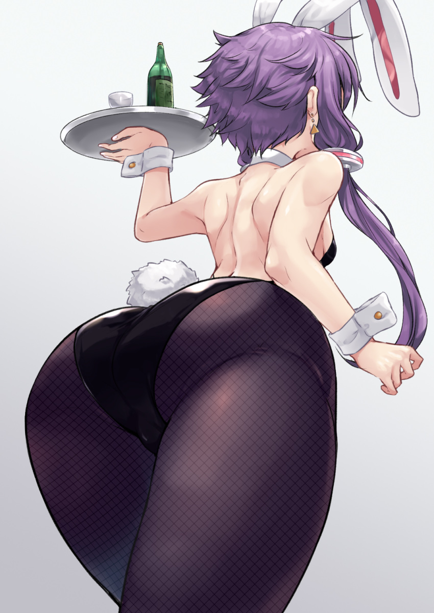1girl alternate_costume animal_ears ass backless_leotard bare_shoulders black_leotard bunny_ears bunny_tail bunnysuit commentary_request detached_collar earrings fishnet_pantyhose fishnets from_behind from_below highres holding holding_tray jewelry leotard long_hair pantyhose purple_hair simple_background solo tail tenneko_yuuri thighs tray twintails vocaloid voiceroid wrist_cuffs yuzuki_yukari