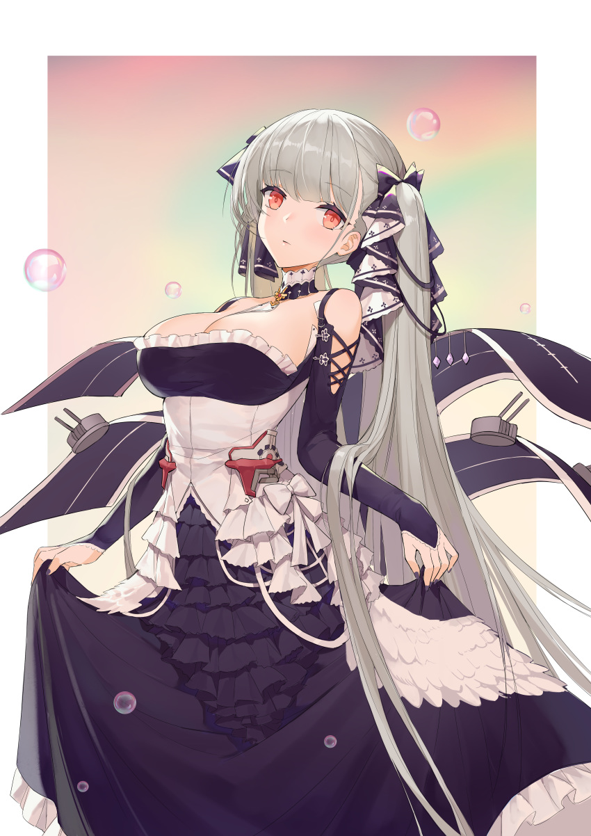 1girl absurdres azur_lane between_breasts black_dress boku_koyuki_mx breasts bubble choker cleavage closed_mouth dress dress_lift expressionless formidable_(azur_lane) frilled_dress frills hair_ribbon highres large_breasts long_hair long_sleeves looking_at_viewer nail_polish rainbow red_eyes ribbon silver_hair solo standing turret twintails two-tone_dress very_long_hair