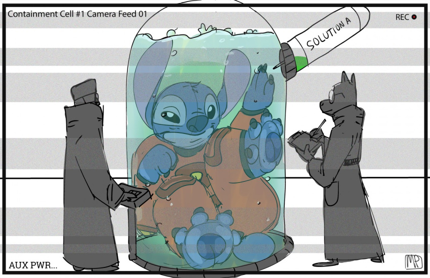 2019 4_toes alien anthro black_eyes blue_fur blue_nose blue_pawpads camera_view clipboard clothed clothing contained digital_drawing_(artwork) digital_media_(artwork) disney english_text experiment_(lilo_and_stitch) eyewear fingers fur glasses group growth head_tuft holding_object lab_coat laboratory lilo_and_stitch liquid looking_at_another macro mammal maxpany pawpads pen recording scanlines scientific_experiment small_tail spacesuit standing stasis_chamber stitch_(lilo_and_stitch) story story_in_description text toes uncomfortable