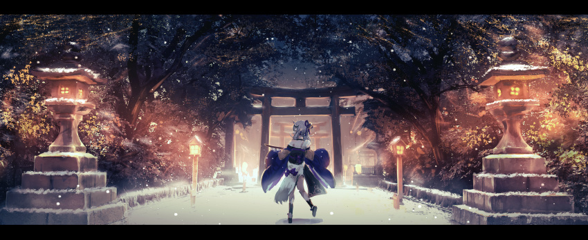 1girl :d ^_^ absurdres bare_shoulders black_footwear bow closed_eyes commentary_request grey_hair hair_ribbon highres horns japanese_clothes kimono kumamoto_nomii-kun lantern long_sleeves night night_sky nijisanji off_shoulder oni oni_horns open_mouth outdoors pointy_ears profile purple_bow purple_kimono purple_ribbon ribbon rindou_mikoto shoe_soles sky smile snow snowing solo standing standing_on_one_leg torii tree virtual_youtuber wide_shot wide_sleeves