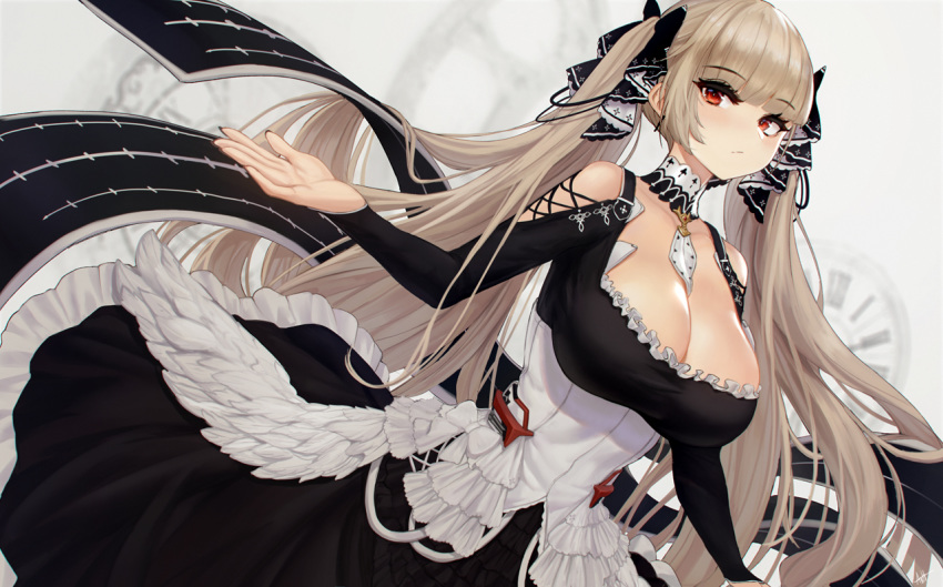 1girl azur_lane bangs bare_shoulders between_breasts black_dress black_nails blush breasts cleavage dress earrings edward_montenegro eyebrows_visible_through_hair flight_deck floating_hair formidable_(azur_lane) frilled_dress frills hair_ornament hair_ribbon hand_up jewelry large_breasts light_brown_hair long_hair long_sleeves looking_at_viewer red_eyes ribbon rigging solo twintails