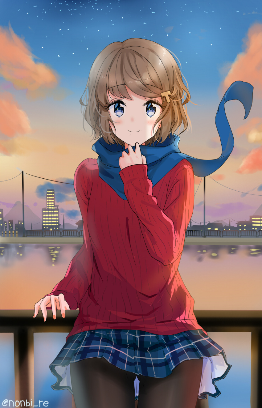 1girl arrichee black_legwear blue_eyes blue_scarf blue_skirt blush brown_hair cityscape cloud hair_ornament hand_up highres koga_tomoe long_sleeves outdoors pantyhose plaid plaid_skirt power_lines railing red_sweater reflection ribbed_sweater scarf seishun_buta_yarou short_hair skirt smile solo standing sunset sweater twilight twitter_username water wind