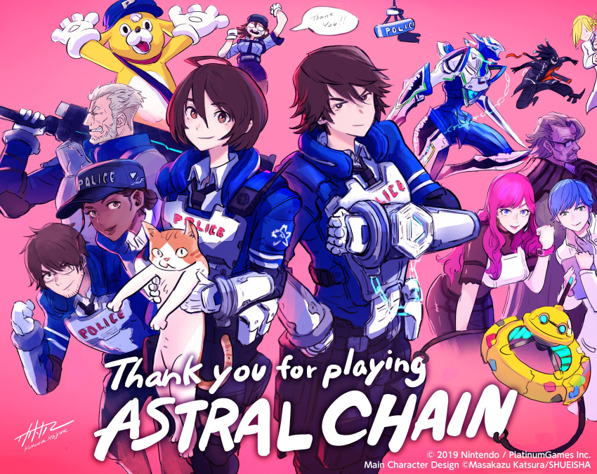 absurdres against_glass akira_howard ass astral_chain blonde_hair blue_eyes blush boots brother_and_sister brown_eyes brown_hair cat chain costume dog gloves hair_ornament hat highres jacket knee_boots lappy long_hair long_sleeves looking_at_viewer marie_wentz mascot_costume official_art people police police_hat police_uniform policewoman ribbon short_hair siblings simple_background smile staring twins uniform waving_arm