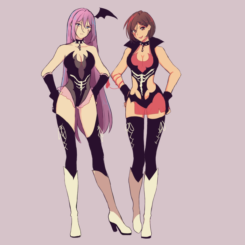 2girls bat_wings black_gloves black_legwear blue_eyes boots breasts brown_eyes brown_hair cleavage collar commentary demon_tail english_commentary fingerless_gloves full_body gloves hands_on_hips highres knee_boots lace long_hair looking_at_viewer looking_up medium_breasts megurine_luka meiko mixed-language_commentary multiple_girls one-piece_thong open_mouth parted_lips pink_background pink_hair ring_no_seraph_(vocaloid) see-through short_hair simple_background skeleton_print smile spiked_collar spikes standing strapless tail thighhighs v-shaped_eyebrows vocaloid white_footwear winged_hair_ornament wings wrestling_outfit yen-mi