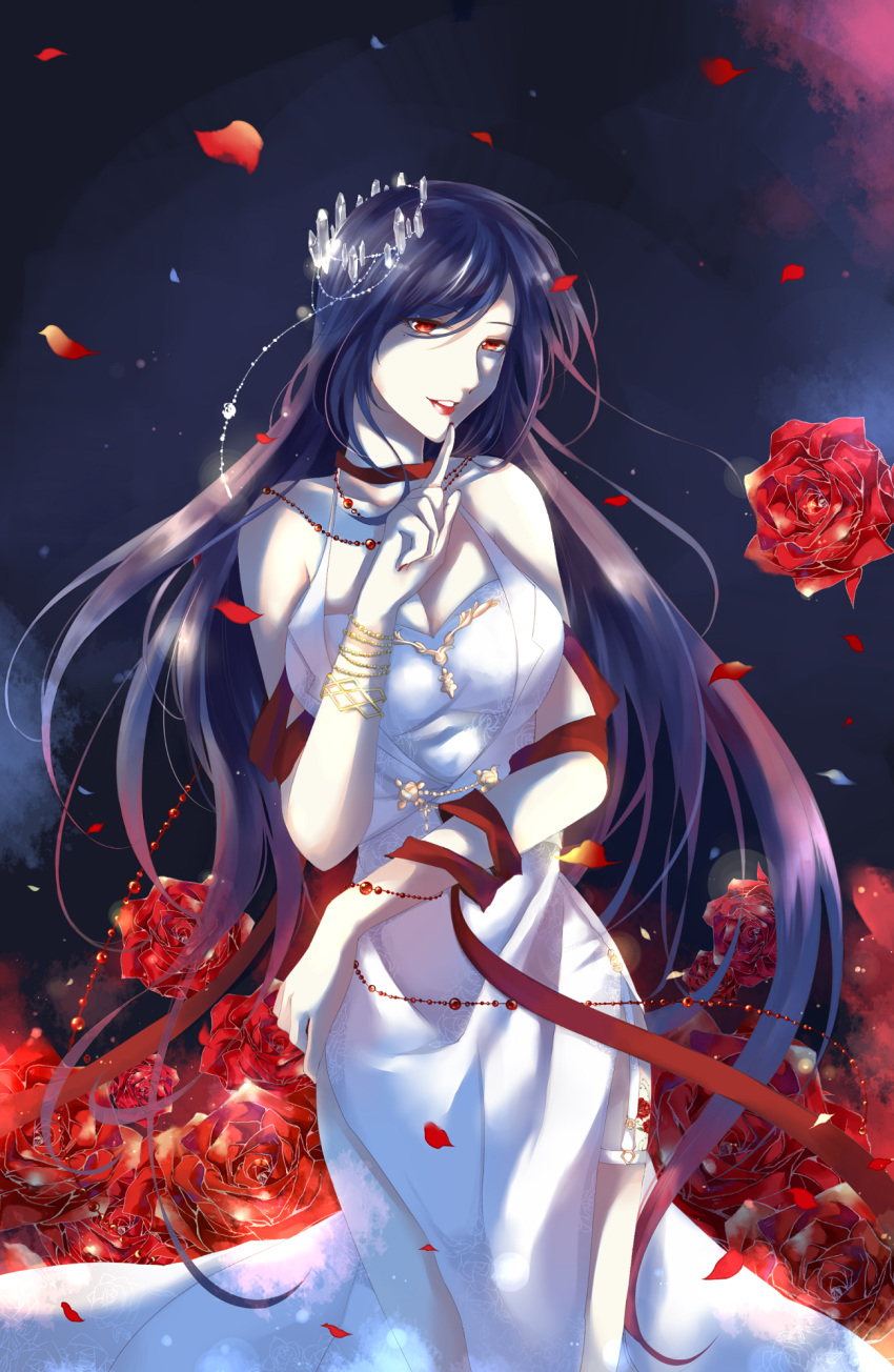 1girl arm_across_waist ayou_(kuma) bead_bracelet beads black_background black_hair bracelet breasts cleavage dress flower garter_belt gold_trim highres index_finger_raised jewelry lipstick long_hair makeup medium_breasts miracle_nikki necklace parted_lips petals red_eyes red_flower red_lipstick red_ribbon ribbon solo standing tilted_headwear very_long_hair white_dress