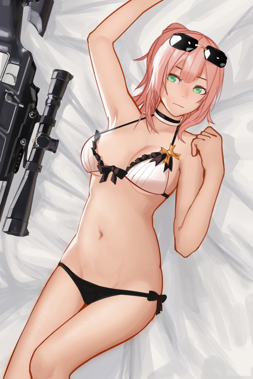 1girl absurdres arm_up armpits bow bow_bra bra breasts choker eyewear_on_head fantasia_var girls_frontline green_eyes groin highres looking_away lying medium_breasts navel on_back panties pink_hair r93_(girls_frontline) short_hair side-tie_panties solo thighs underboob underwear