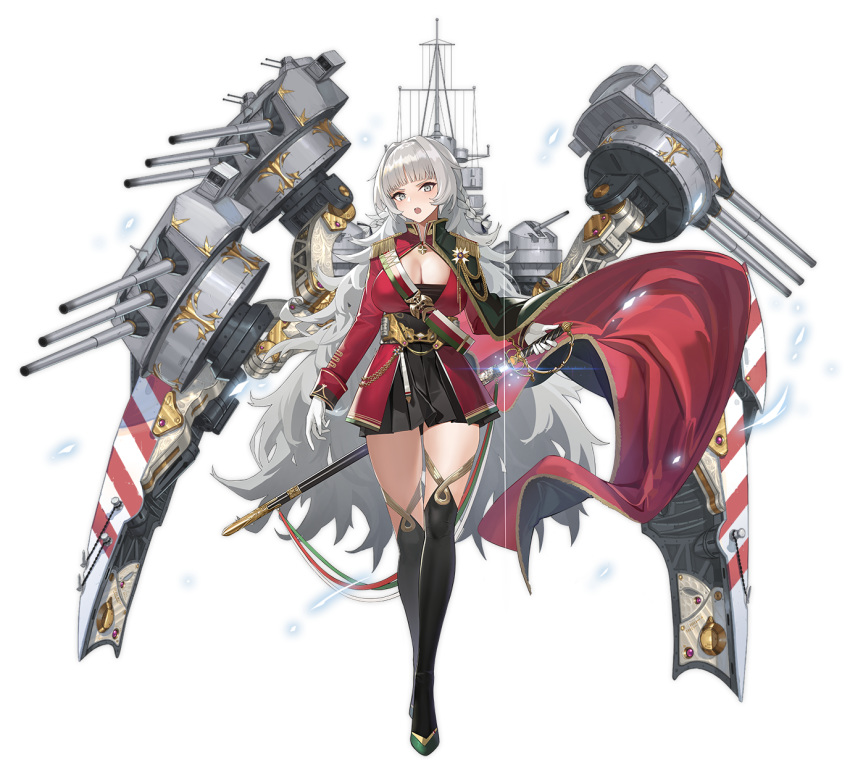 azur_lane bangs black_dress black_footwear blunt_bangs blush boots breasts cannon cape cleavage corset dress epaulettes full_body gloves gold_trim green_cape grey_eyes grey_hair high_collar high_heel_boots high_heels highres holding holding_sword holding_weapon jacket light_particles long_hair medallion messy_hair mr_cloud official_art open_mouth pleated_dress red_jacket rigging saber_(weapon) sheath sheathed sidelocks skindentation sword thigh_boots thighhighs thighs tsurime turret unsheathing very_long_hair vittorio_veneto_(azur_lane) weapon white_gloves wind