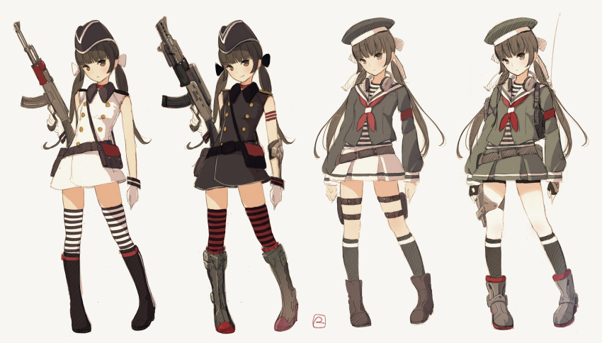 1girl absurdres ak-47 assault_rifle bare_shoulders beret black_bow black_dress black_footwear black_headwear black_legwear black_shirt boots bow brown_eyes brown_hair closed_mouth dress gloves green_shirt green_skirt grey_background gun hair_bow hat headphones headphones_around_neck highres holding holding_gun holding_weapon knee_boots kneehighs kokudou_juunigou light_smile long_hair multiple_views neckerchief original pleated_skirt red_neckwear rifle sailor_collar shirt simple_background skirt sleeveless sleeveless_dress standing striped striped_legwear striped_shirt thighhighs thighhighs_under_boots twintails variations very_long_hair weapon weapon_request white_bow white_dress white_gloves white_sailor_collar white_skirt