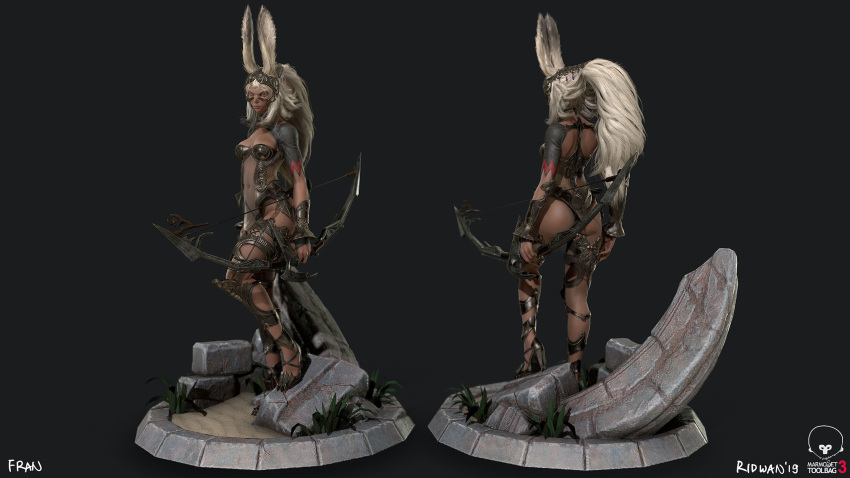 1girl 3d animal_ears armor artist_name ass bow_(weapon) breasts bunny_ears character_name cleavage commentary dark_skin final_fantasy final_fantasy_xii fran full_body grey_background highres looking_to_the_side multiple_views navel ponytail ridwan_chandra_choa silver_hair solo standing stomach weapon