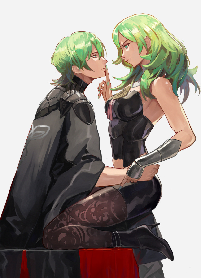 1boy 1girl arm_guards black_footwear black_legwear byleth_(fire_emblem) byleth_(fire_emblem)_(female) byleth_(fire_emblem)_(male) cape dual_persona eye_contact finger_to_another's_mouth fire_emblem fire_emblem:_three_houses green_hair high_heels highres legwear_under_shorts looking_at_another medium_hair nail_polish pantyhose patterned_clothing selfcest short_hair shorts simple_background sitting smile vic white_background