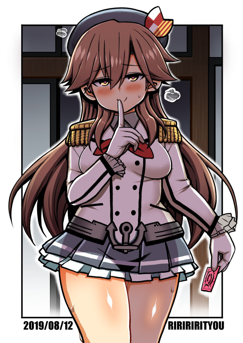 1girl arashio_(kantai_collection) artist_name bangs beret blush breasts breath brown_hair condom condom_wrapper cosplay dated epaulettes eyebrows_visible_through_hair finger_to_mouth frilled_sleeves frills gloves hat heart heart-shaped_pupils highres holding holding_condom indoors kantai_collection kashima_(kantai_collection) kashima_(kantai_collection)_(cosplay) long_hair long_sleeves pleated_skirt richou_(zerozero1101) skirt smile solo sweat symbol-shaped_pupils thighs white_gloves