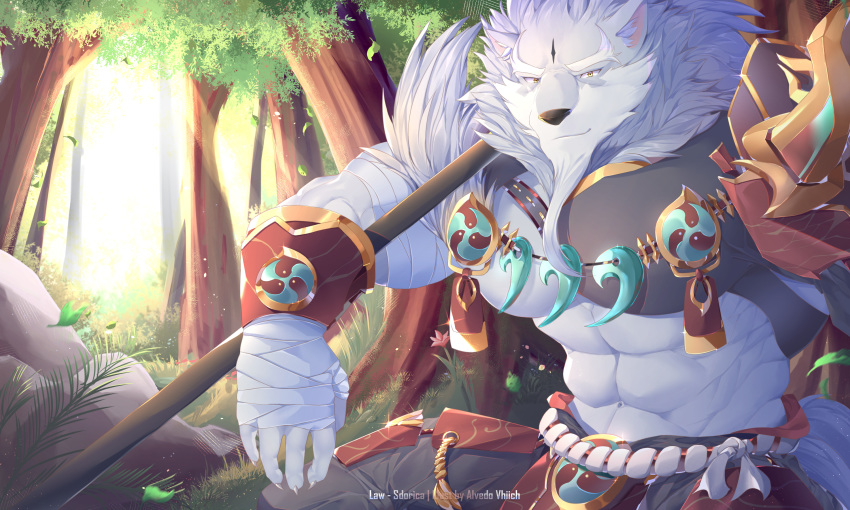 2019 abs alvedo_vhiich anthro biceps biped black_nose canid canine canis detailed_background fur grey_fur handwraps hi_res law_(sdorica_sunset) mace magatama male mammal melee_weapon muscular muscular_male pecs sdorica sdorica_sunset signature solo tree triceps weapon wolf