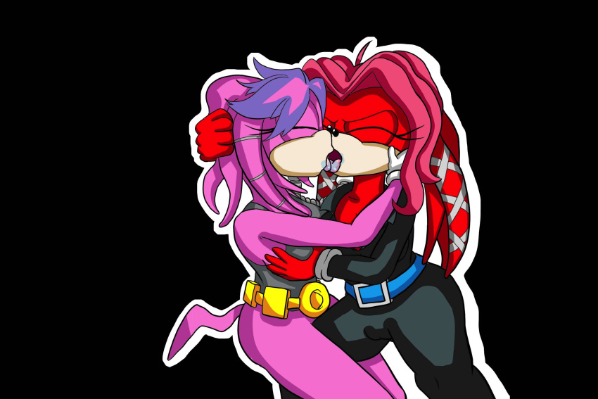 anthro anthro_on_anthro bodily_fluids bottomless breast_grab breast_squeeze breasts camel_toe clothed clothing echidna eyes_closed female female/female french_kissing hand_on_breast hi_res julie-su kissing lien-da making_out mammal monotreme saliva simple_background sonic_(series) tight_clothing tinydevilhorns_(artist)