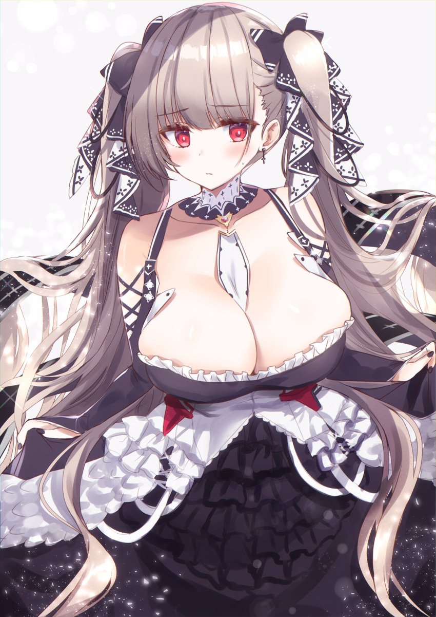 1girl azur_lane bangs bare_shoulders between_breasts black_dress black_nails blush breasts cleavage dress earrings eyebrows_visible_through_hair flight_deck formidable_(azur_lane) frilled_dress frills grey_hair hair_ornament hair_ribbon highres honoka_chiffon jewelry large_breasts long_hair long_sleeves looking_at_viewer red_eyes ribbon rigging solo twintails