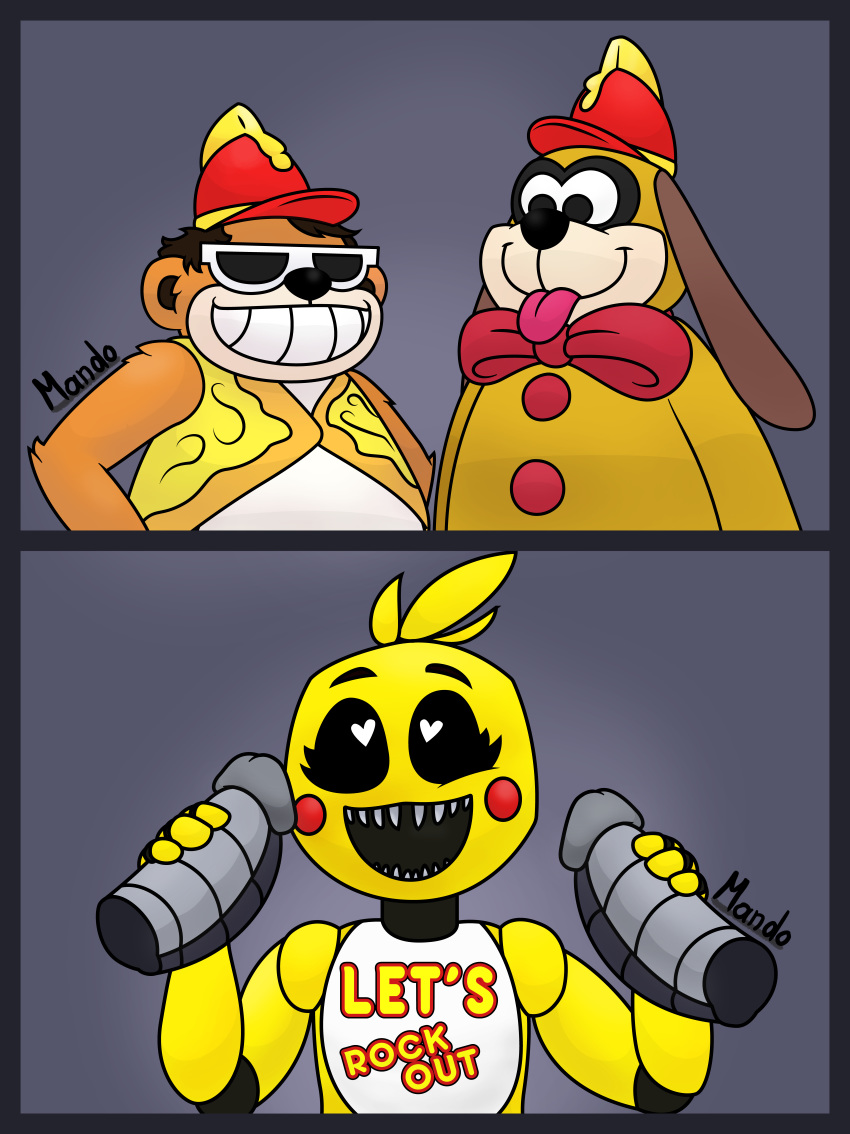 2019 absurd_res animatronic ape avian beagle bingo_(banana_splits) bird canid canine canis chicken crossover digital_media_(artwork) domestic_dog female five_nights_at_freddy's five_nights_at_freddy's_2 fleegle_(banana_splits) galliform gallus_(genus) gorilla group group_sex handjob hanna-barbera haplorhine hi_res humanoid_penis hunting_dog machine male mammal mando penile penis phasianid primate robot scent_hound sex simple_background smile the_banana_splits threesome toy_chica_(fnaf) video_games