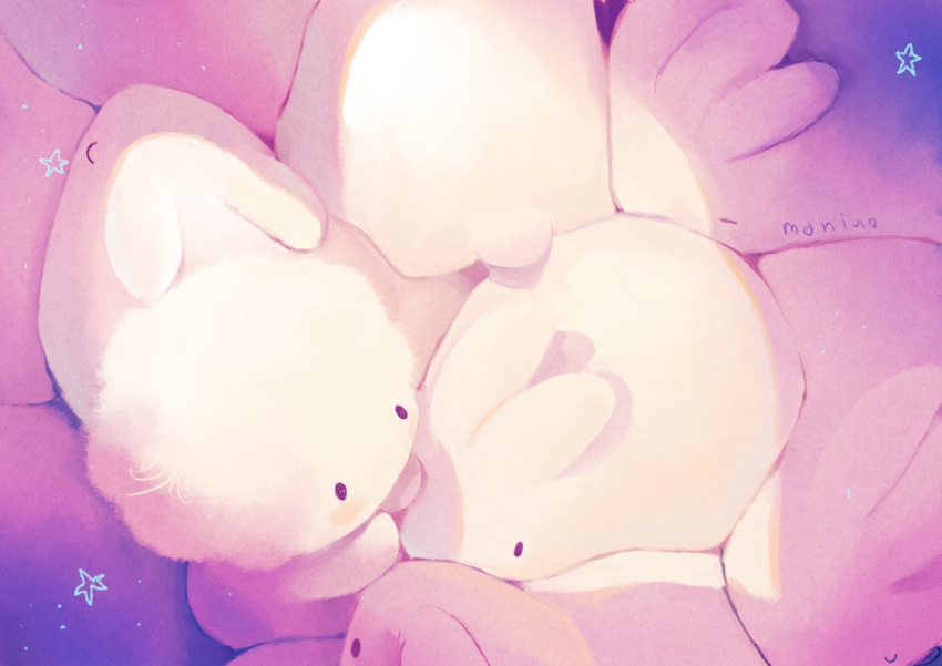 1other animal blush bunny closed_eyes commentary_request manino_(mofuritaionaka) no_humans no_mouth original signature sleeping solid_oval_eyes star too_many too_many_bunnies u_u