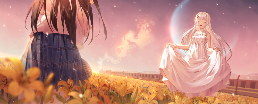 2girls :d ^_^ bangs bare_arms bare_shoulders blue_sky blunt_bangs blurry blurry_foreground blush breasts brown_hair closed_eyes commentary_request depth_of_field doll_joints dress eyebrows_visible_through_hair field flower flower_field full_moon ground_vehicle hair_ornament hairclip highres ji_dao_ji long_hair moon multiple_girls open_mouth original outdoors plaid plaid_skirt pleated_skirt shirt short_sleeves silver_hair skirt skirt_hold sky sleeveless sleeveless_dress small_breasts smile smoke train upper_teeth very_long_hair white_dress white_shirt yellow_flower