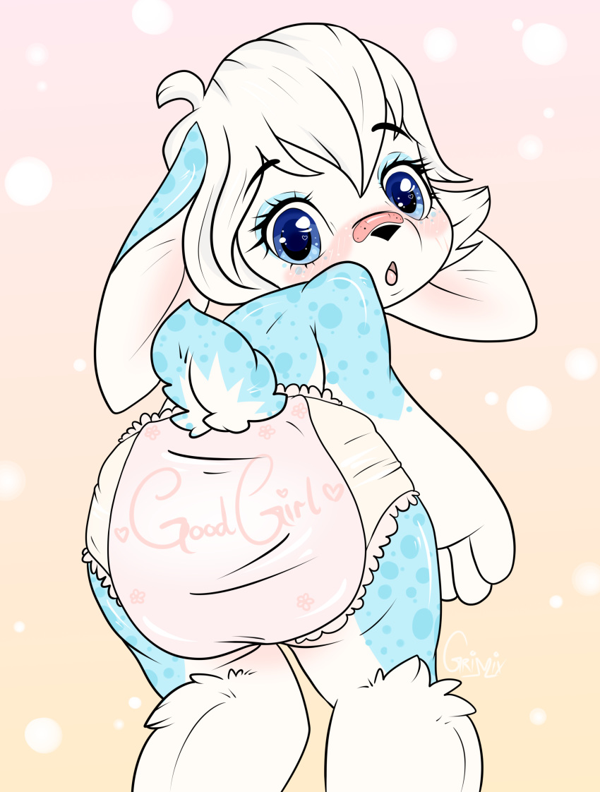 2019 absurd_res anthro baby baby_girl blush chibi clothed clothing cub diaper diaper_fur digital_media_(artwork) female fur girly grimix hair hi_res invalid_tag lagomorph leporid mammal rabbit simple_background small_(disambiguation) solo young