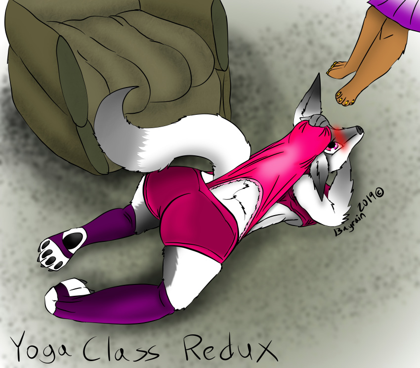 absurd_res anthro atomic atomicwedgie bayrain(artist) big_butt blush bottomwear butt canid canine clothing embarrassed female gym hi_res invalid_color invalid_tag mammal old panties pants remake shorts spread_legs spreading underwear wedgie work yoga