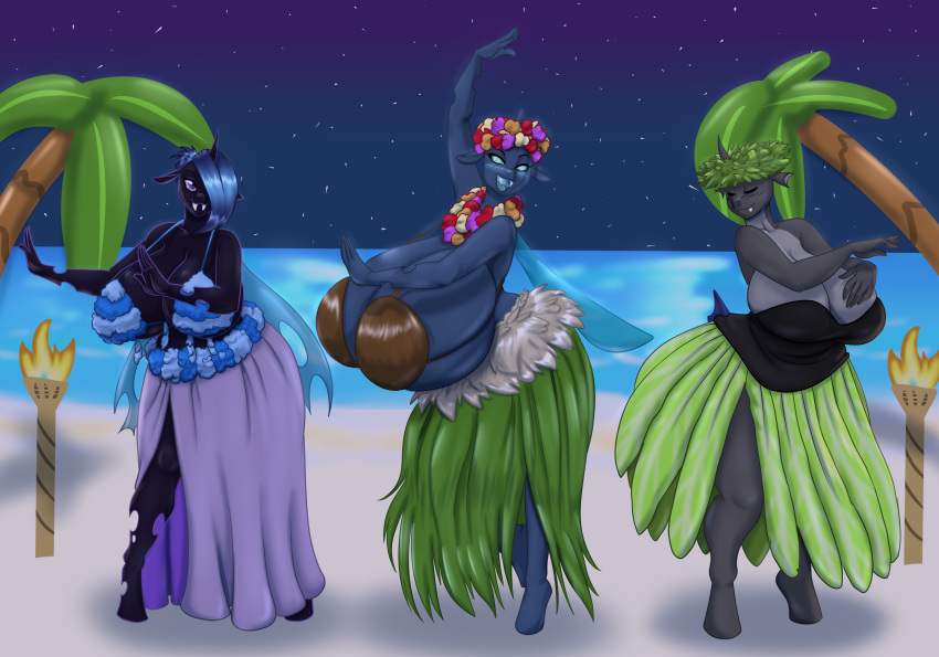 2019 absurd_res arthropod beach big_breasts blues64 breasts changeling clothing eyes_closed fan_character female group hair hair_over_eye hi_res hole_(anatomy) horn huge_breasts hyper hyper_breasts looking_at_viewer marauder6272 my_little_pony open_mouth outside palm_tree seaside sektiss sinyxstra tree wings