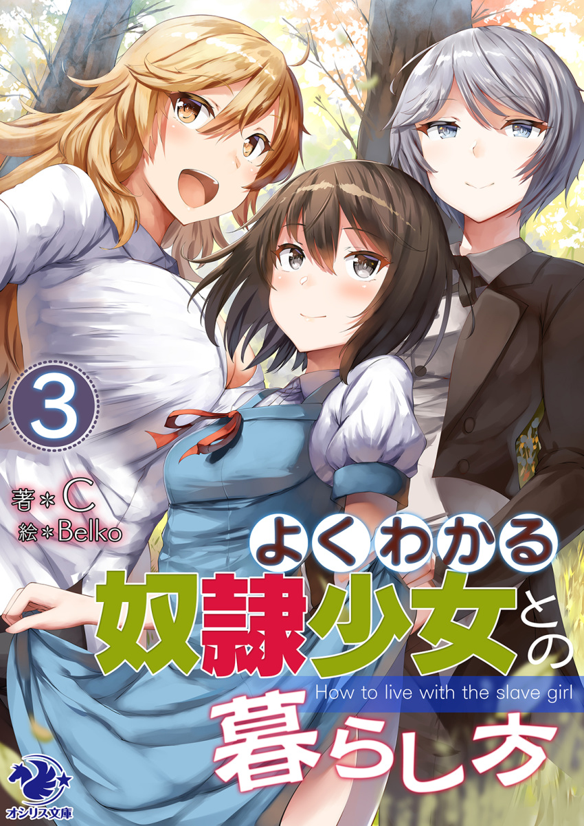 3girls :d artist_name bangs bare_shoulders black_hair black_jacket black_pants blonde_hair blue_dress blue_eyes blush breasts brown_eyes building cloud collared_shirt copyright_name cover cover_page cropped_jacket day dress female_butler floating_hair formal gloves grey_hair hand_on_hip highres holding holding_tray jacket large_breasts lolicept long_hair looking_at_viewer medium_breasts multiple_girls necktie novel_cover novel_illustration open_mouth outdoors pants rea_(yokuwakaru) reina_(yokuwakaru) shirt short_hair short_sleeves sidelocks sky small_breasts smile suit tray tree very_long_hair white_gloves white_shirt wind yokowakaru_dorei_shoujo_to_no_kurashi_kata