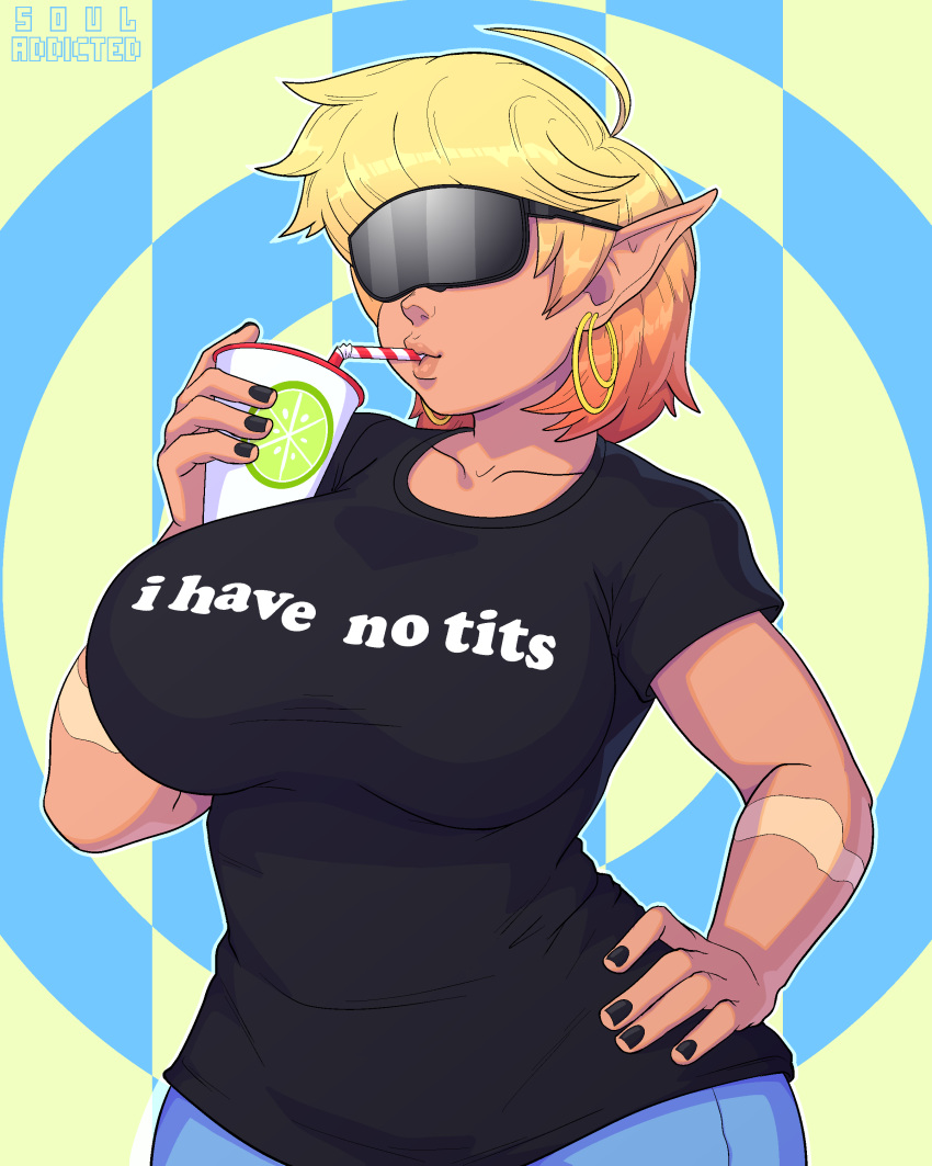 2019 absurd_res beverage big_breasts breasts clothed clothing colored_nails cyclops digital_media_(artwork) ear_piercing ear_ring english_text eyewear female hair hand_on_hip hi_res humanoid humanoid_pointy_ears multicolored_hair nails not_furry piercing scar short_hair solo souladdicted sunglasses text two_tone_hair viviana_(souladdicted)