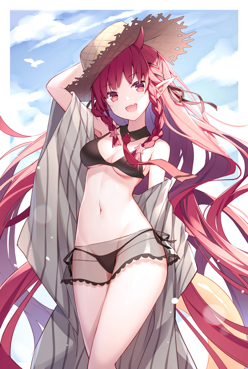 1girl :d arknights arm_up armpits bare_shoulders bikini black_bikini braid breasts cleavage cloud detached_collar fang floating_hair groin hair_ornament hair_ribbon hat highres horns innertube kurisu_tina long_hair looking_at_viewer medium_breasts miniskirt navel necktie off_shoulder open_mouth pointy_ears red_eyes red_hair ribbon see-through side-tie_bikini sidelocks skirt smile solo standing star star_hair_ornament stomach straw_hat swimsuit thighs twin_braids very_long_hair vigna_(arknights)
