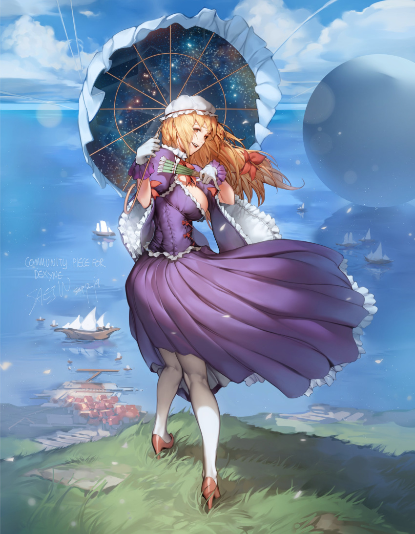 1girl absurdres blonde_hair blue_sky boat breasts brown_footwear cloud commentary_request day dress fan folding_fan frilled_sleeves frills full_body gloves grass hair_ribbon hand_up high_heels highres holding holding_fan holding_umbrella juliet_sleeves large_breasts long_hair long_sleeves outdoors pantyhose petticoat puffy_sleeves purple_dress red_eyes red_ribbon ribbon saejin_oh shadow sky solo standing touhou twisted_torso umbrella water watercraft white_gloves white_legwear white_umbrella wide_sleeves yakumo_yukari
