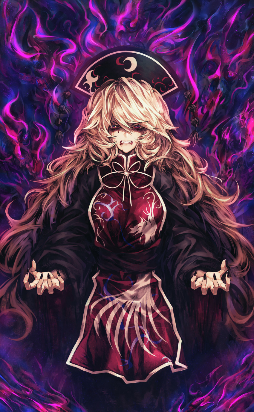 1girl absurdres angry animal_print arms_up black_dress black_headwear black_nails blonde_hair blood blood_from_mouth bloody_tears bright_pupils clenched_teeth cowboy_shot dress energy fingernails hair_between_eyes hat high_collar highres joker_(stjoker) junko_(touhou) long_hair pom_pom_(clothes) red_eyes ribbon scowl shaded_face sharp_fingernails sharp_teeth solo standing tabard teeth touhou tsurime very_long_hair yellow_neckwear yellow_ribbon