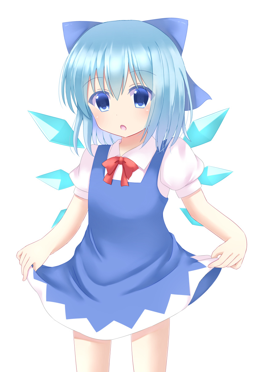 1girl :o absurdres blue_dress blue_eyes blue_hair cirno cowboy_shot dress eyebrows_visible_through_hair hair_between_eyes hair_ribbon highres lifted_by_self looking_at_viewer open_mouth pinafore_dress puffy_short_sleeves puffy_sleeves red_neckwear red_ribbon ribbon shirt short_hair short_sleeves simple_background skirt skirt_lift solo standing touhou white_background white_shirt wings yukina_kurosaki