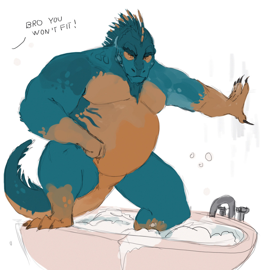 absurd_res anthro bath bathtub belly brown_scales claws dewlap_(anatomy) dialogue green_scales hi_res lizard male nude overweight overweight_male reptile scales scalie solo suds toe_claws unseen_character vetrowolf water