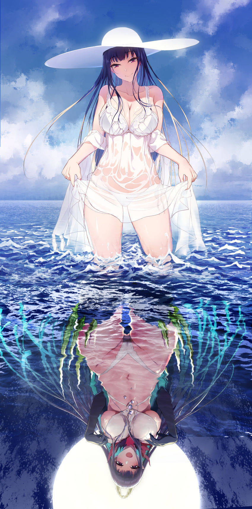 1girl absurdres ane_naru_mono bare_arms bare_legs bare_shoulders barefoot breasts chiyo_(ane_naru_mono) demon_girl demon_tail deoxysilicic_acid dress highres huge_filesize large_breasts looking_at_viewer ocean see-through smile tail tentacles wet wet_clothes white_dress