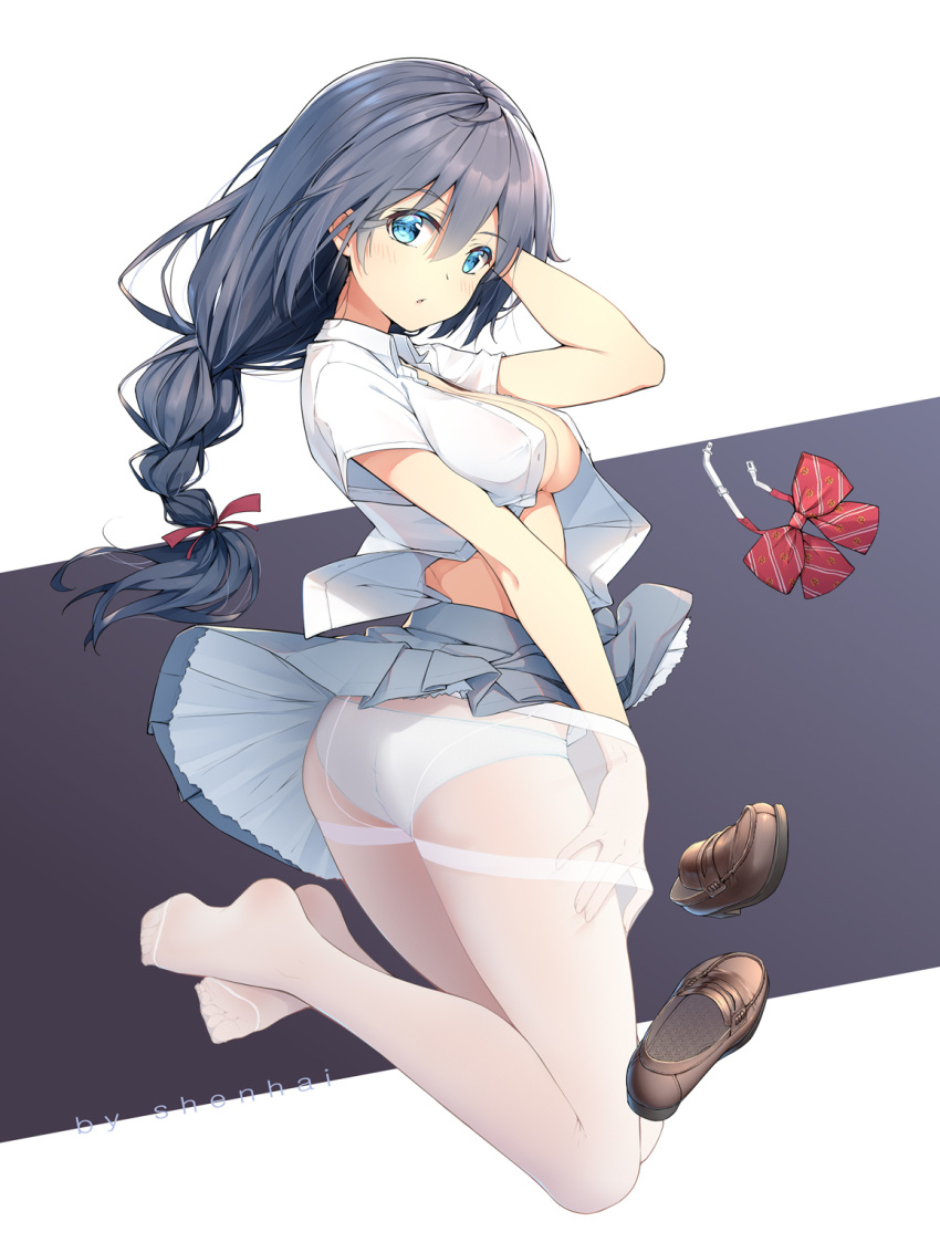 1girl ahoge artist_name ass bangs blue_eyes blush bowtie_removed braid breasts brown_footwear collarbone collared_shirt dress_shirt eyebrows_visible_through_hair full_body grey_hair grey_skirt hair_between_eyes hand_on_own_head hand_up highres loafers long_hair looking_at_viewer low_tied_hair medium_breasts miniskirt no_bra open_clothes open_shirt original panties panties_under_pantyhose pantyhose parted_lips red_neckwear school_uniform shenhai_(2556146833) shirt shoes shoes_removed short_sleeves skirt solo thighband_pantyhose underwear white_panties white_shirt wing_collar