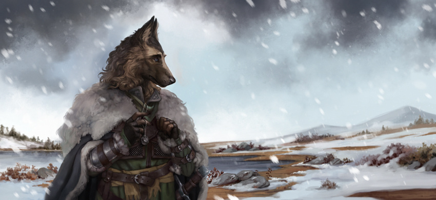 5_fingers anthro black_nose brown_fur canid canine canis clothed clothing day detailed_background digital_media_(artwork) domestic_dog fingers fur male mammal outside raventenebris sky snow solo