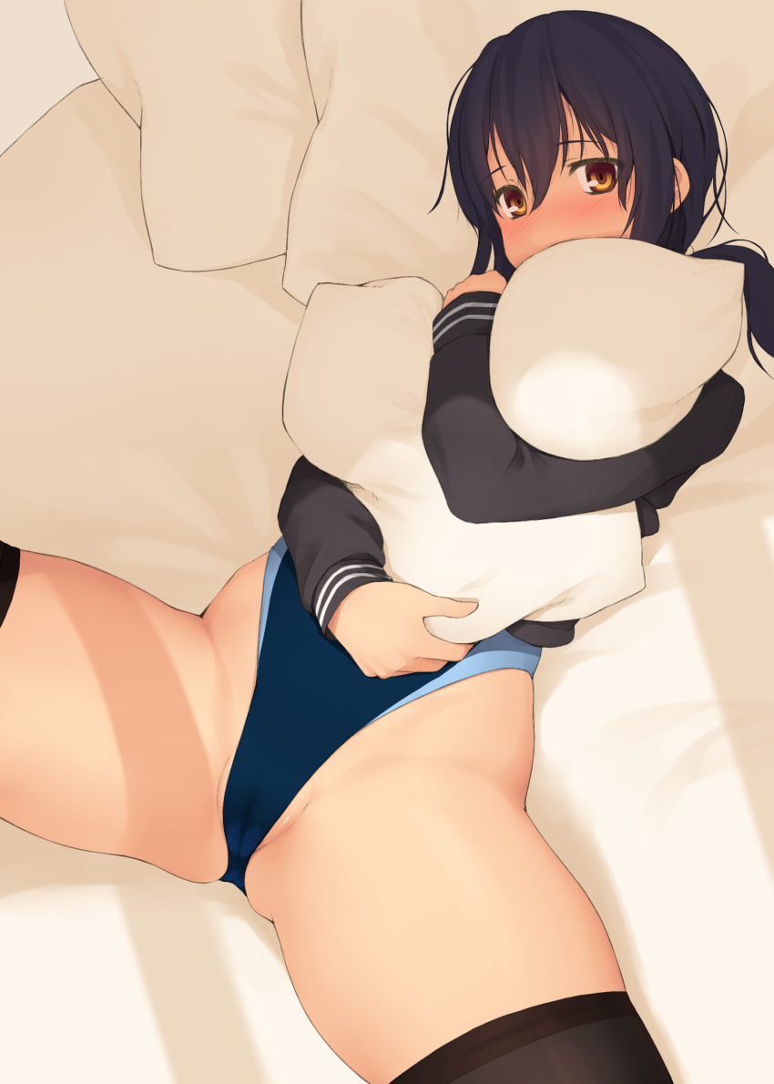 1girl bed black_hair black_jacket black_legwear blue_swimsuit brown_eyes commentary_request competition_swimsuit cowboy_shot highleg highleg_swimsuit highres jacket kajanda long_hair looking_at_viewer lying one-piece_swimsuit original pillow pillow_hug solo spread_legs swimsuit thighhighs