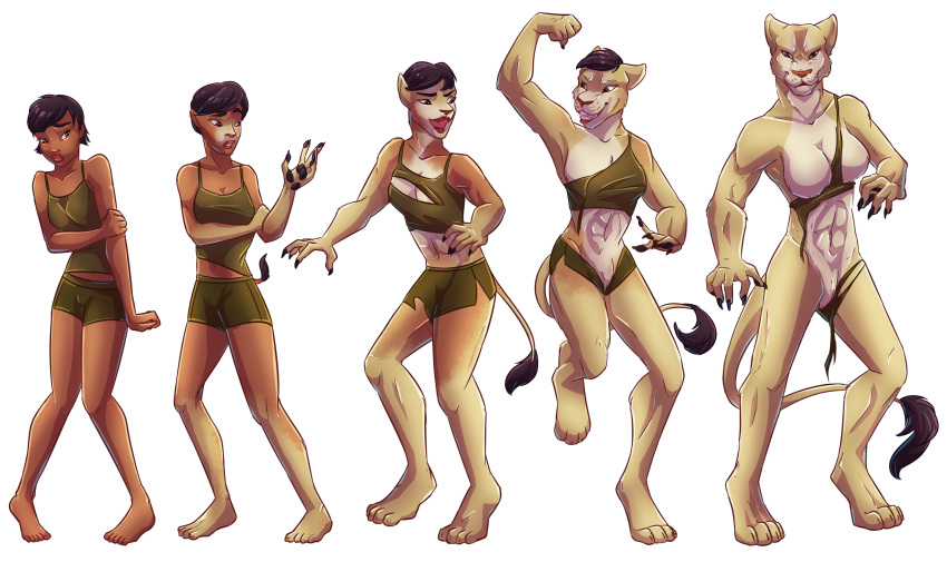 2016 abs alpha_channel anthro athletic barefoot black_hair bottomwear breasts clothing dark_skin felid female growth hair hand_on_arm hi_res human human_to_anthro lion mammal muscle_growth naturally_censored navel open_mouth pantherine pawpads scissorsrunner sequence shirt short_hair shorts simple_background smile snout solo species_transformation standing surprise tank_top topwear torn_clothing transformation transparent_background