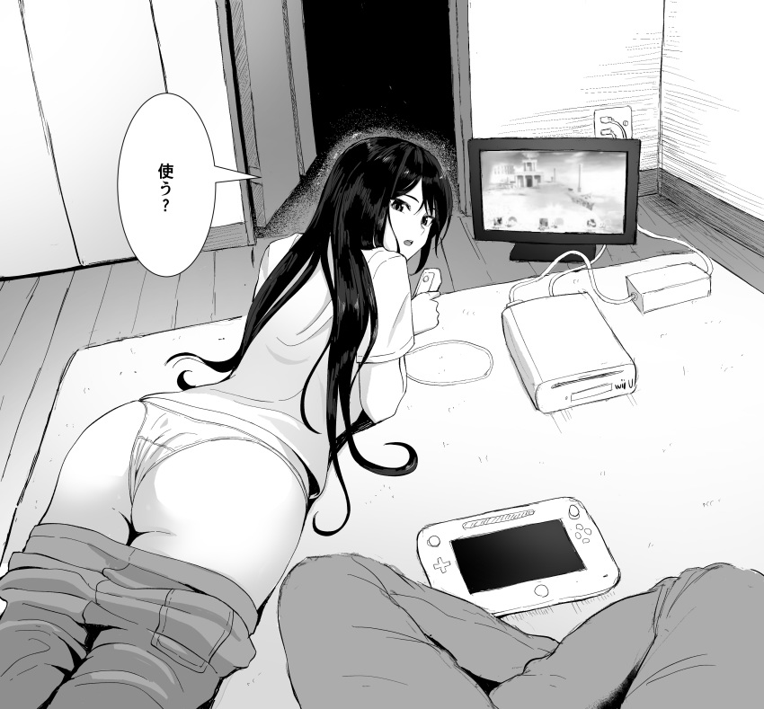 1boy 1girl ? absurdres ass black_hair controller game_console game_controller greyscale highres indoors long_hair lying manno_(kanpi2100) monochrome on_stomach open_mouth original panties pants_pull playing_games shirt sitting speech_bubble super_smash_bros. television text_focus translation_request underwear white_panties wii wii_remote