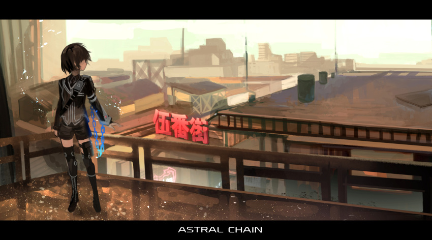 1girl astral_chain bangs black_footwear black_hair black_jacket black_legwear black_shorts boots building chain character_request cityscape commentary_request copyright_name day hair_over_eyes highres jacket knee_boots letterboxed long_sleeves outdoors railing short_hair short_shorts shorts solo standing tarbo_(exxxpiation) thighhighs thighhighs_under_boots translation_request