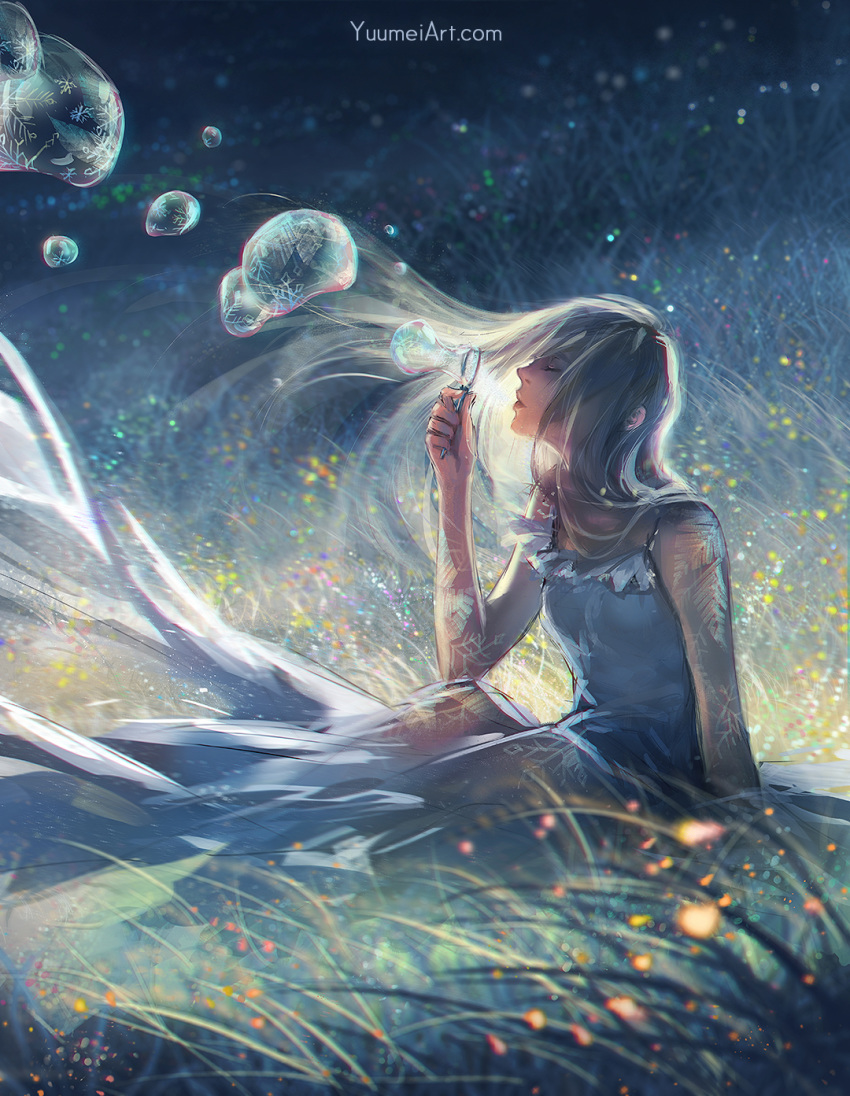 1girl bare_shoulders bubble bubble_blowing closed_eyes dawn dress english_commentary grass highres lips long_hair original outdoors sitting snowflake_print solo wenqing_yan white_dress wind