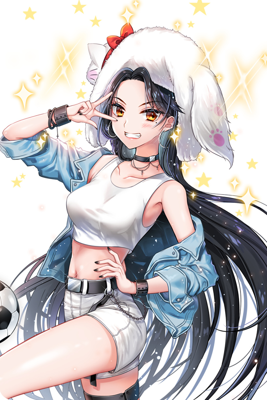 1girl ball bangle belt black_choker black_hair black_nails blue_jacket bow bracelet breasts brown_eyes cat chain choker crop_top hand_on_hip highres jacket jacket_removed jewelry long_hair looking_at_viewer mole mole_under_eye navel official_art parted_lips ratise red_bow shorts smile soccer_ball soccer_spirits solo standing star thighlet transparent_background v very_long_hair white_cat white_shorts wonhee wonny