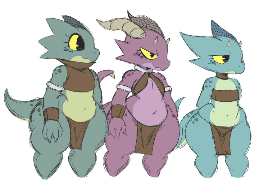 2019 anthro clothed clothing female flat_chested gilly_(sssonic2) green_scales group hands_behind_back hi_res horn kobold loincloth navel pink_scales scales scalie simple_background skimpy smile sssonic2 standing white_background wide_hips yellow_sclera