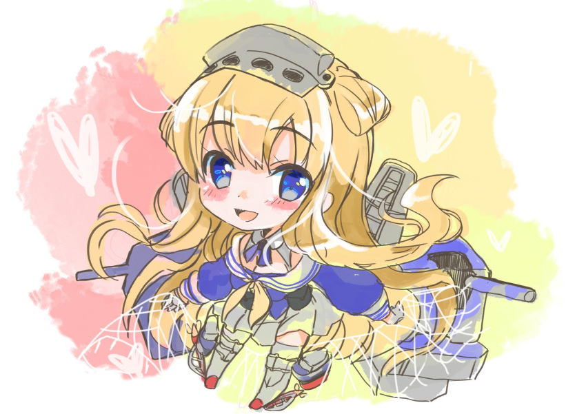 1girl blonde_hair blue_eyes blue_shirt breasts cannon cargo_net chibi cleavage double_bun fletcher_(kantai_collection) full_body gloves hair_ornament hairband hall_jion highres kantai_collection leaning_forward long_hair looking_at_viewer machinery multicolored multicolored_background neckerchief off_shoulder pleated_skirt rudder_footwear sailor_collar school_uniform serafuku shin_guards shirt skirt smile smokestack solo star thighhighs turret white_gloves white_legwear white_sailor_collar white_skirt yellow_neckwear