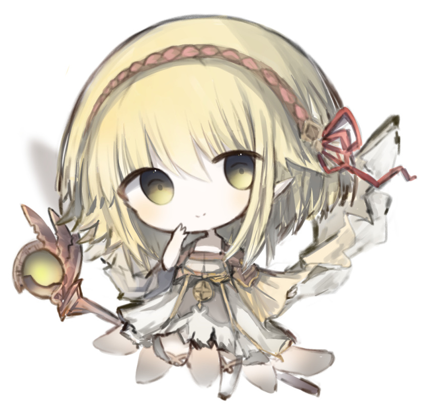 1girl bangs blonde_hair character_request chibi closed_mouth commentary_request cottontailtokki dress full_body hair_between_eyes hand_up head_tilt long_hair long_sleeves looking_at_viewer over-kneehighs pointy_ears red_ribbon ribbon shadowverse shingeki_no_bahamut sleeves_past_wrists smile solo staff standing standing_on_one_leg thighhighs white_background white_dress white_legwear wide_sleeves yellow_eyes