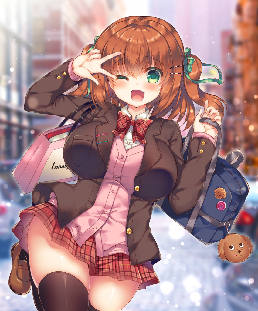1girl ;d aoki_kaede arm_up bag bag_charm bangs black_legwear blazer blurry blurry_background blush bow bowtie breasts brown_footwear brown_hair brown_jacket building cardigan charm_(object) collared_shirt commentary_request day depth_of_field dress_shirt eyebrows_visible_through_hair fang fingernails green_eyes green_ribbon hair_between_eyes hair_ribbon highres holding holding_bag jacket large_breasts loafers long_sleeves one_eye_closed open_blazer open_clothes open_jacket open_mouth original outdoors paper_bag pink_cardigan plaid plaid_neckwear plaid_skirt pleated_skirt red_neckwear red_skirt ribbon school_bag shirt shoes shopping_bag skirt sleeves_past_wrists smile solo standing standing_on_one_leg suzunone_rena thighhighs two_side_up v_over_eye white_shirt