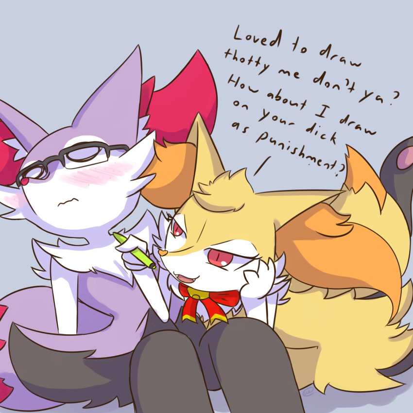 &lt;3 1:1 2019 3_fingers ambiguous_gender anthro black_fur blush braixen canid canine dialogue digital_media_(artwork) duo empty_eyes english_text eyewear fan_character fingers fortuna_(unknownlifeform) fur gingy glasses grey_background heart_nose hi_res inner_ear_fluff jingle_bell mammal multicolored_tail neck_bow nintendo orange_fur pawpads pen pink_pawpads pok&eacute;mon pok&eacute;mon_(species) purple_fur red_eyes shiny_pok&eacute;mon simple_background text unknownlifeform video_games white_fur yellow_fur