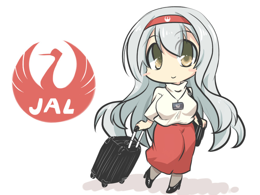 1girl bag bird blush_stickers brown_eyes chibi commentary_request crane_(animal) eyebrows_visible_through_hair goma_(gomasamune) grey_hair hair_between_eyes hairband highres japan_airlines kantai_collection lanyard logo long_hair long_sleeves looking_at_viewer pantyhose rolling_suitcase shadow shoes shoukaku_(kantai_collection) shoulder_bag skirt smile solo standing stewardess suitcase sweater translation_request white_background