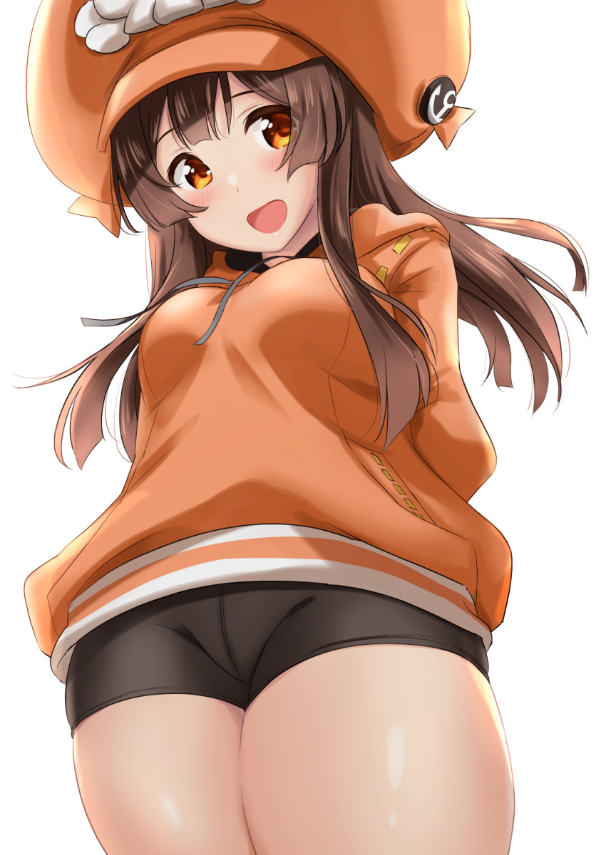 1girl arms_behind_back bike_shorts blush breasts brown_hair commentary_request guilty_gear guilty_gear_2020 hat highres hood hood_down hoodie kibihimi long_hair may_(guilty_gear) medium_breasts orange_eyes orange_headwear orange_hoodie smile solo white_background