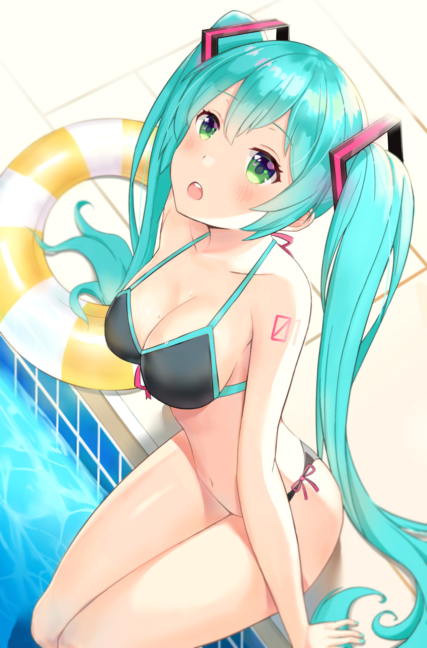 1girl aqua_hair aqua_nails arm_support bikini black_bikini breasts chinese_commentary commentary green_eyes hair_ornament hatsune_miku highres innertube light_blush long_hair looking_at_viewer looking_up medium_breasts nail_polish navel open_mouth pool ribbon rinfuyu_(user_evju4752) shoulder_tattoo sitting soaking_feet solo striped striped_sweater sweater swimsuit tattoo twintails very_long_hair vocaloid