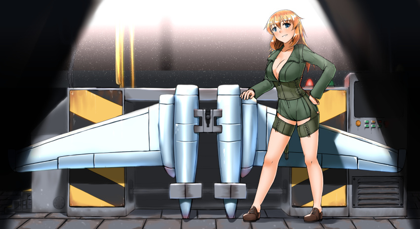 1girl blue_eyes blush breasts brown_footwear brown_hair charlotte_e_yeager cleavage collarbone eyebrows_visible_through_hair green_jacket hand_on_hip highres hiroshi_(hunter-of-kct) jacket large_breasts looking_at_viewer medium_hair military_jacket no_bra parted_lips shiny shiny_hair shiny_skin smile solo strike_witches striker_unit teeth world_witches_series